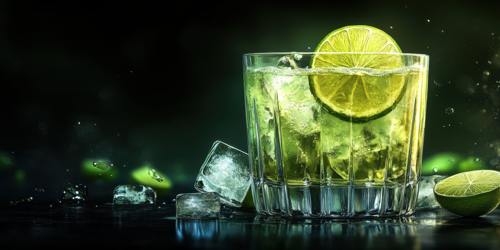 Refreshing drink with lime and ice in a glass on dark background during summer evening
